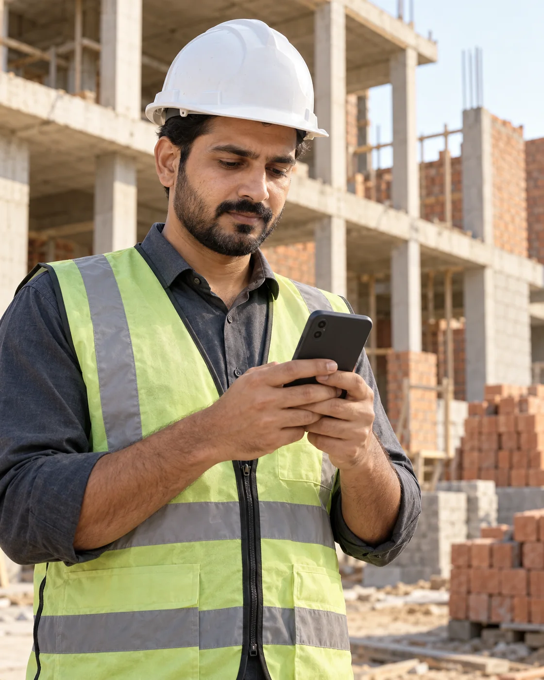 A builder checking the app on site